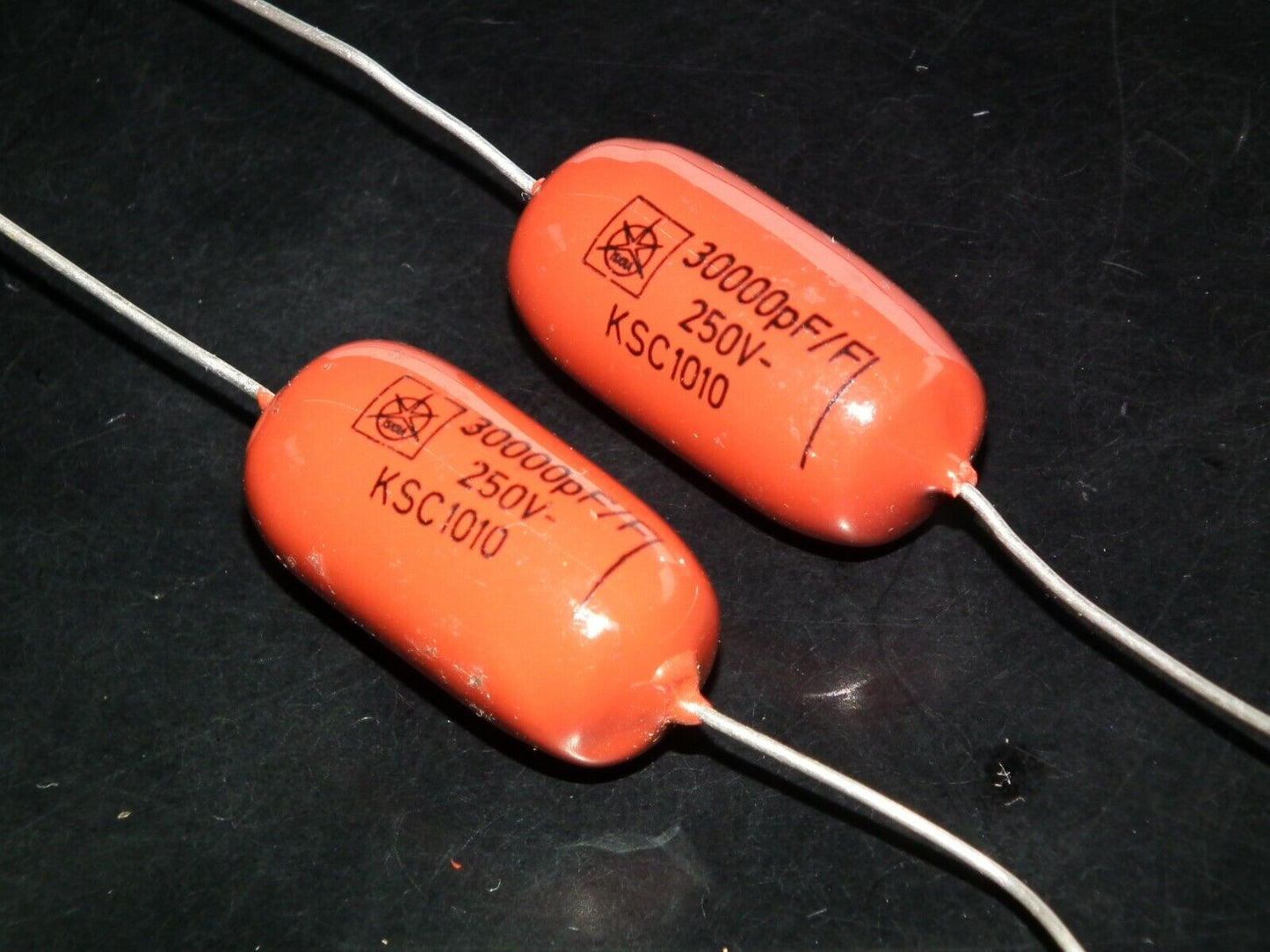 Two polystyrene capacitors 30000pF 0.03uF 250V ISKRA SIEMENS 1974 HI End Tube