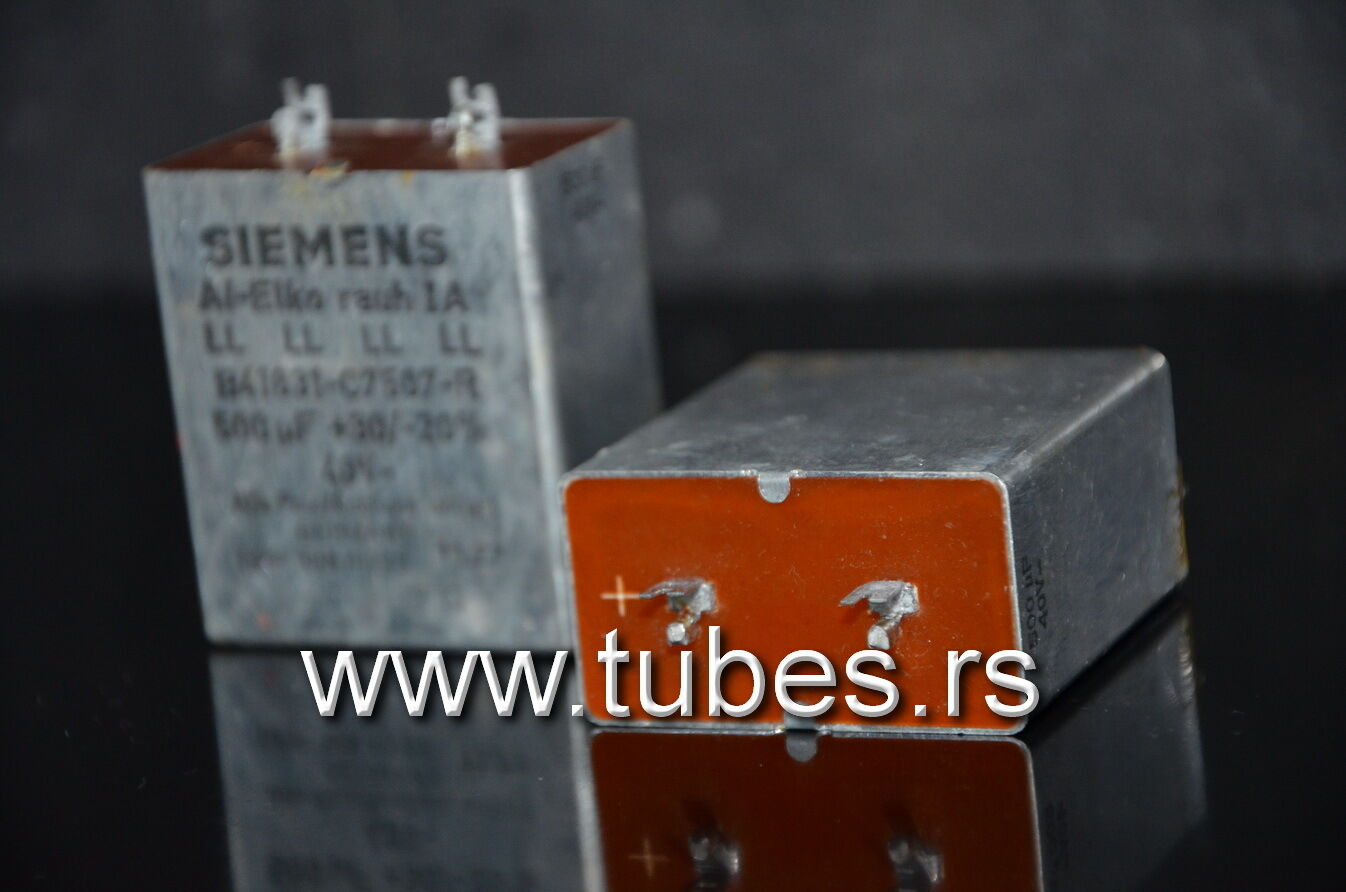 Two vintage Siemens electrolytic capacitors 500uF/35V Klangfilm Al-Elko rauh IA