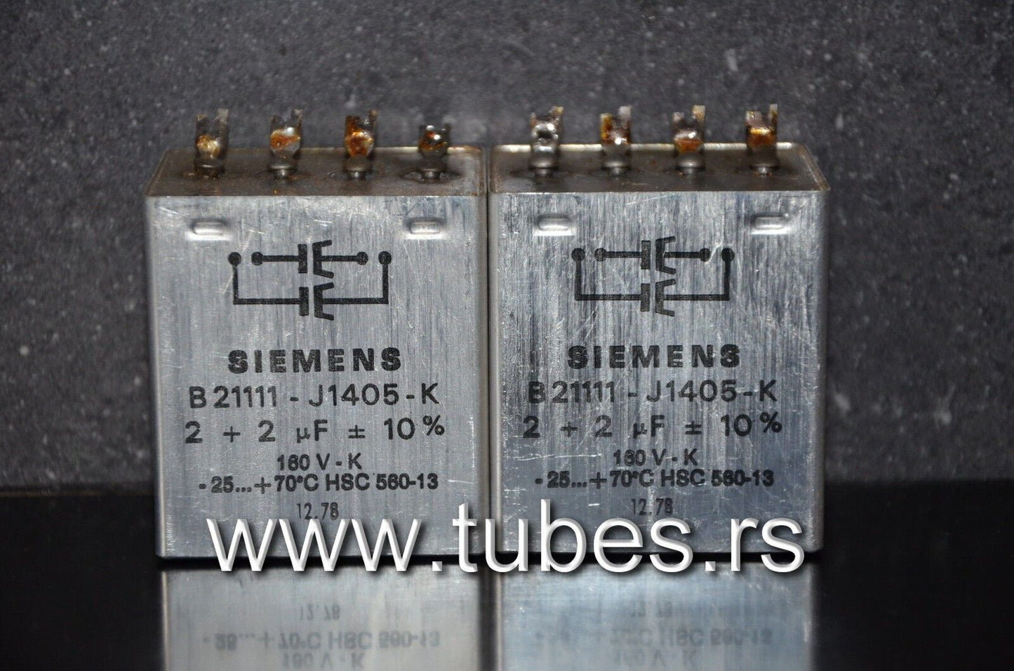 Two vintage Siemens PIO capacitors 2x2 uF 160V Klangfilm Made in West Germany