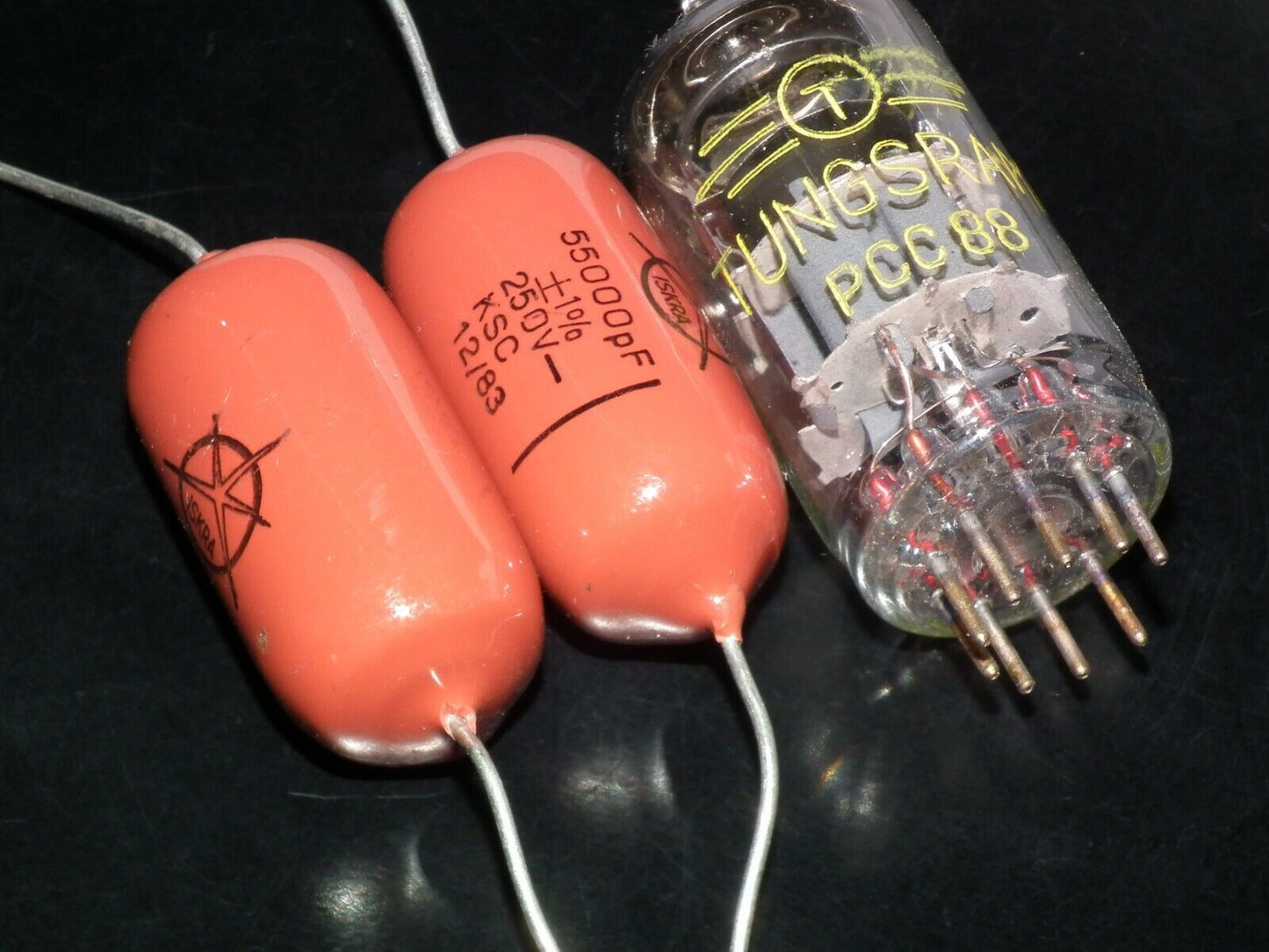 Two polystyrene capacitors 55000pF 0.055uF 250V ISKRA SIEMENS 1974 HI End Tube