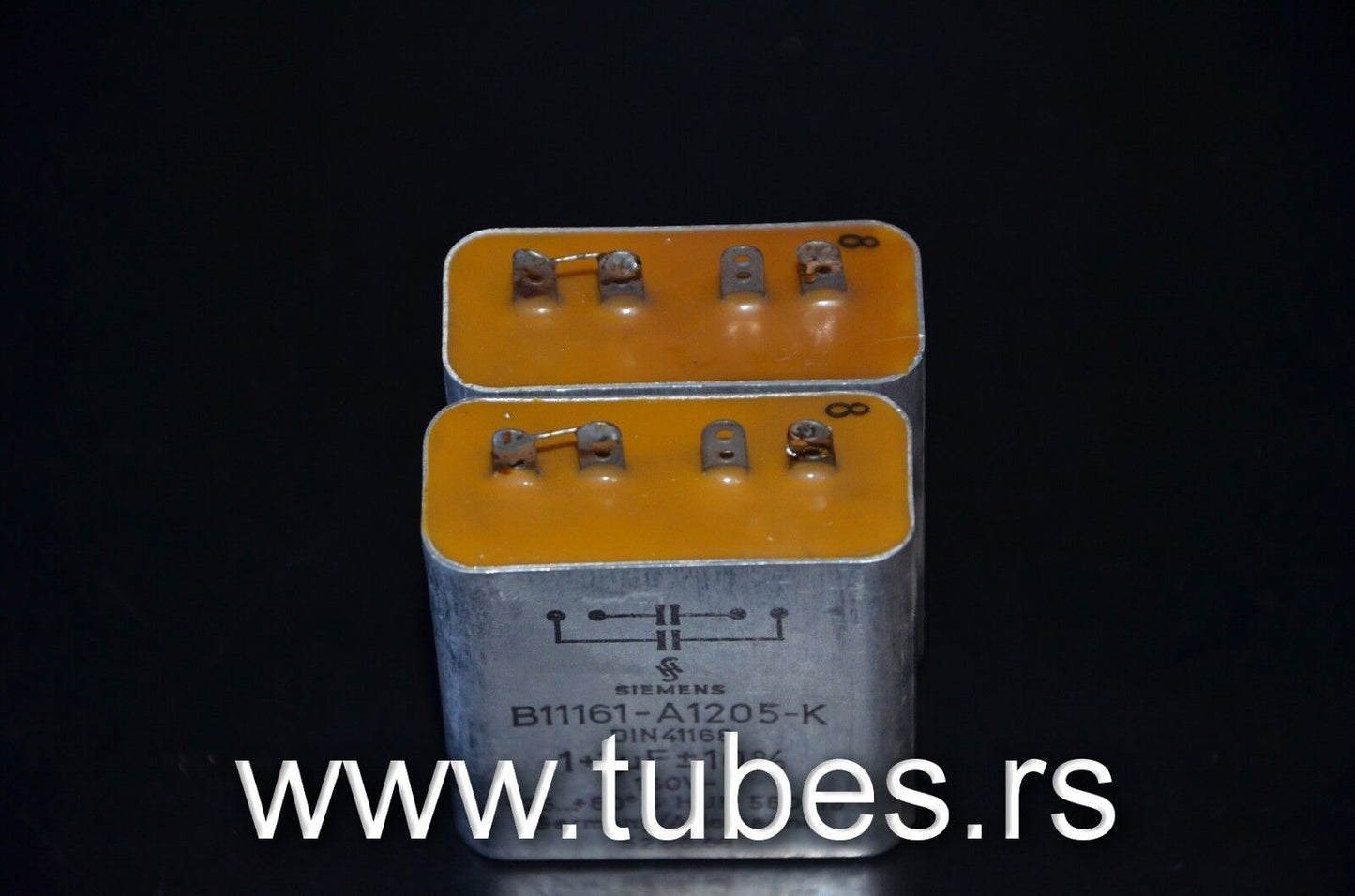 Two vintage Siemens PIO capacitors 1 uF + 1 uF 160V Klangfilm tube audio 1+1mfd