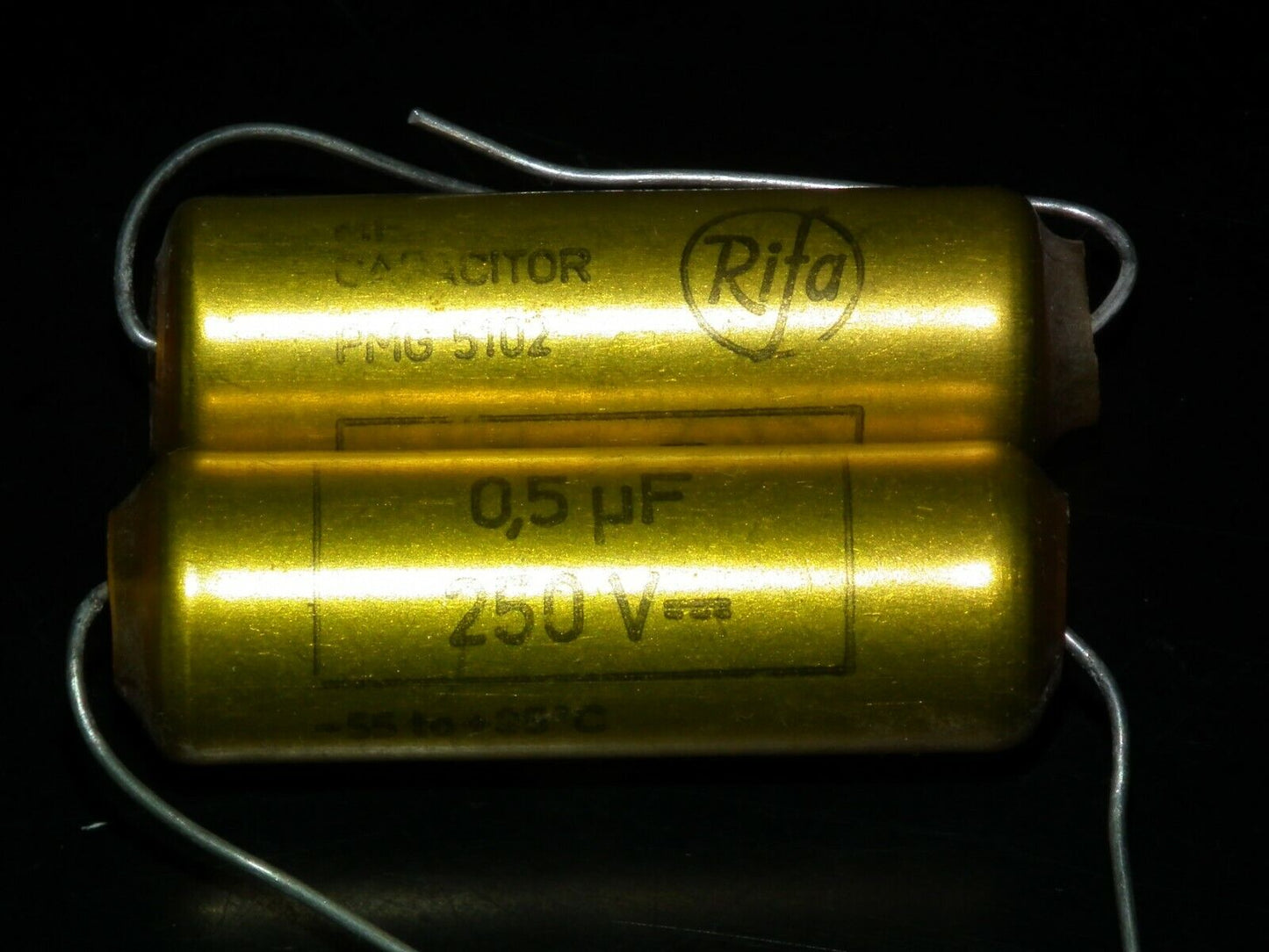Two vintage NOS MP capacitors 0.5 uF 250V Rifa Sweden PIO Paper in oil capacitor