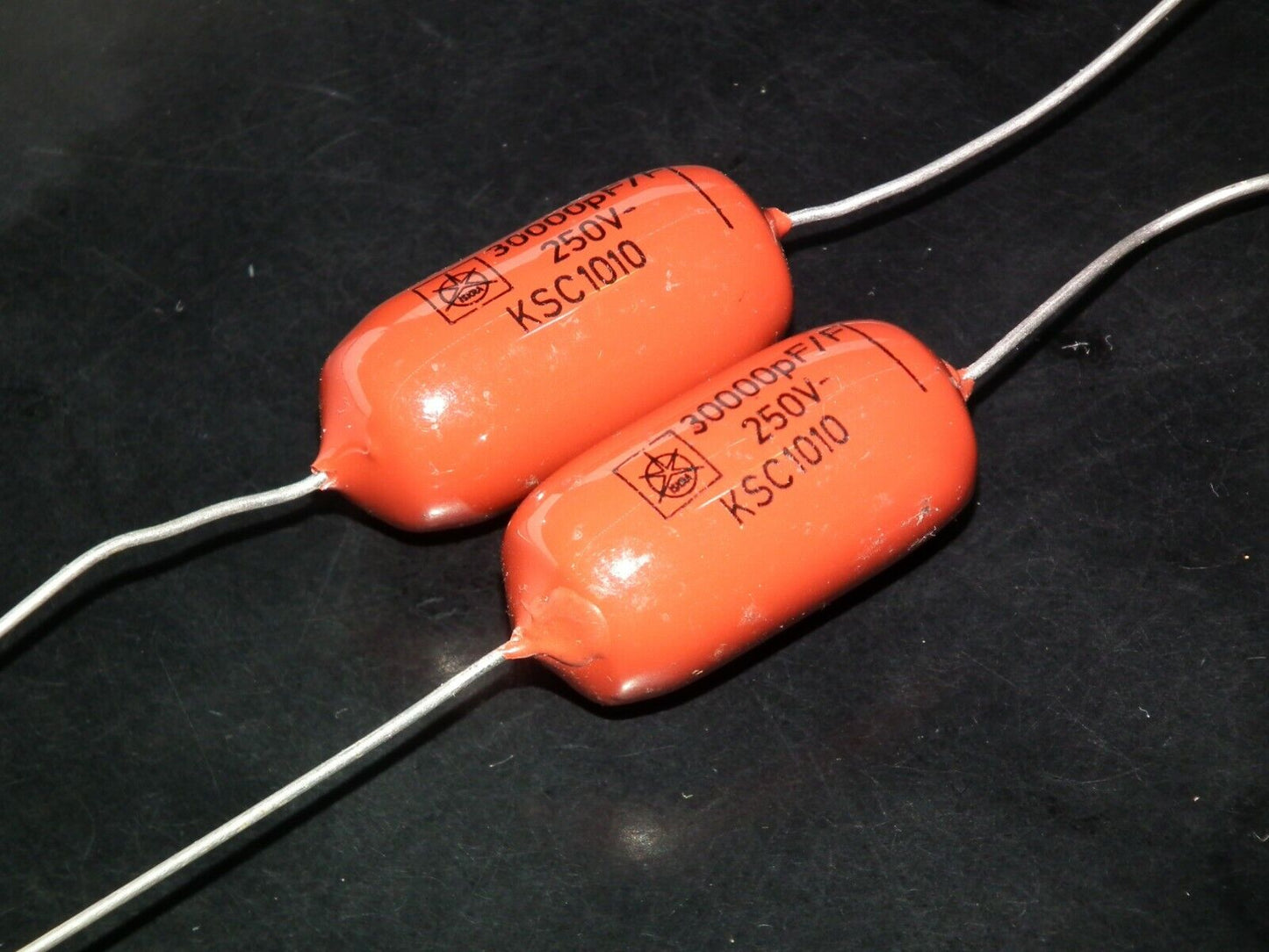 Two polystyrene capacitors 30000pF 0.03uF 250V ISKRA SIEMENS 1974 HI End Tube