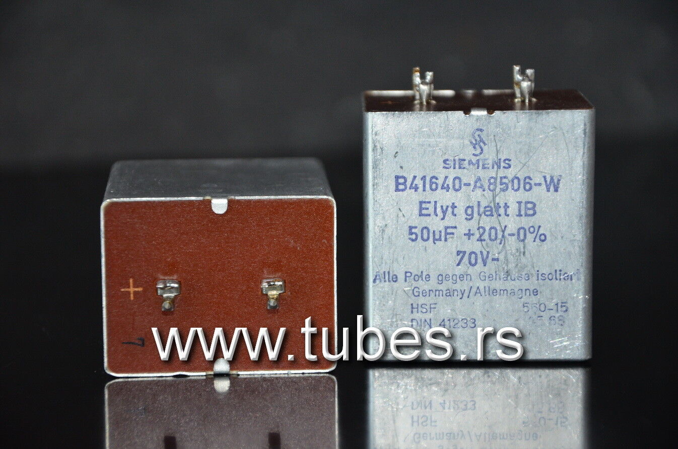 Two vintage Siemens electrolytic capacitors 50uF / 70V Klangfilm, Germany