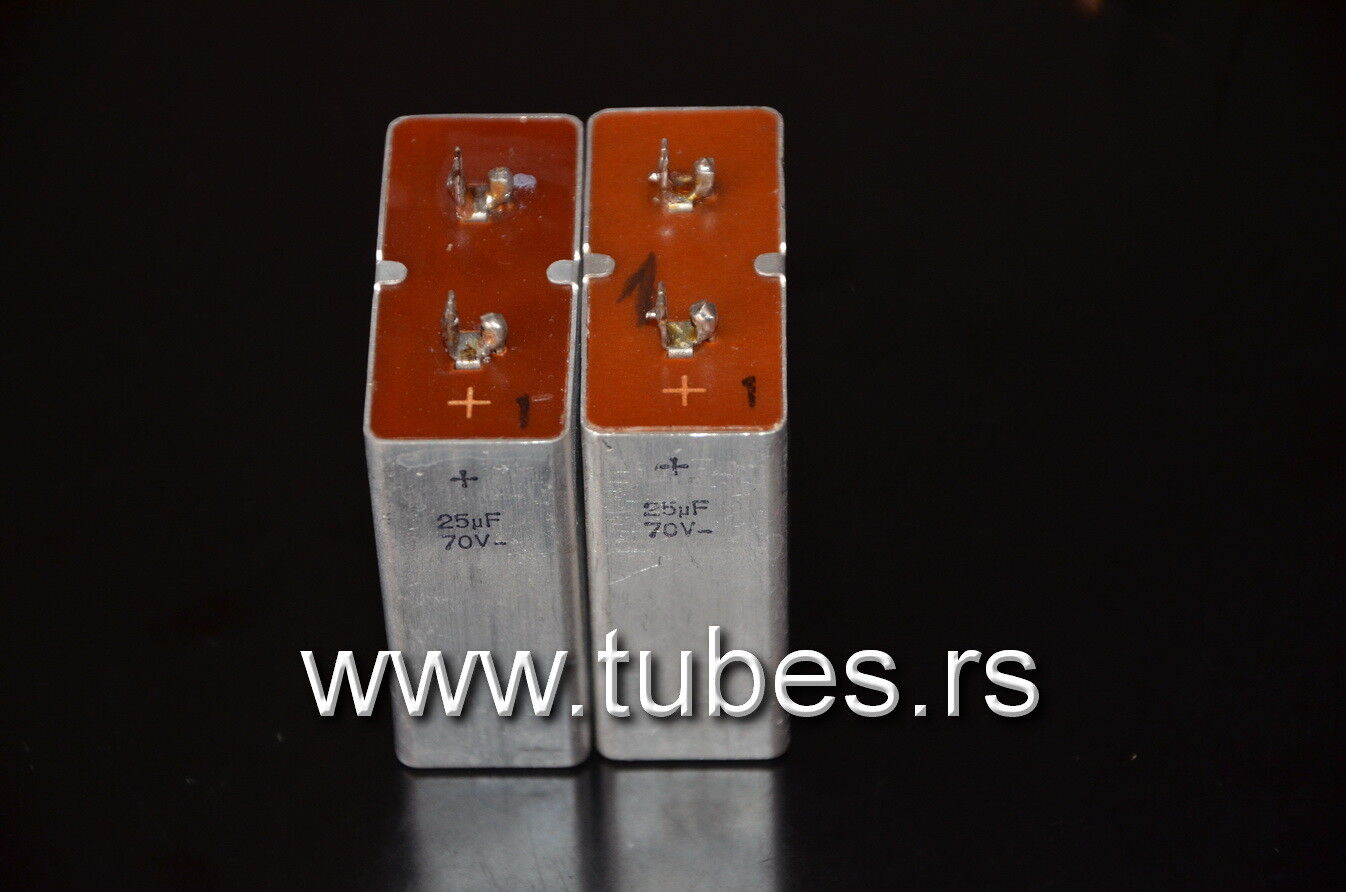 Two vintage Siemens electrolytic capacitors 25uF / 70V Klangfilm "Elyt glatt IB