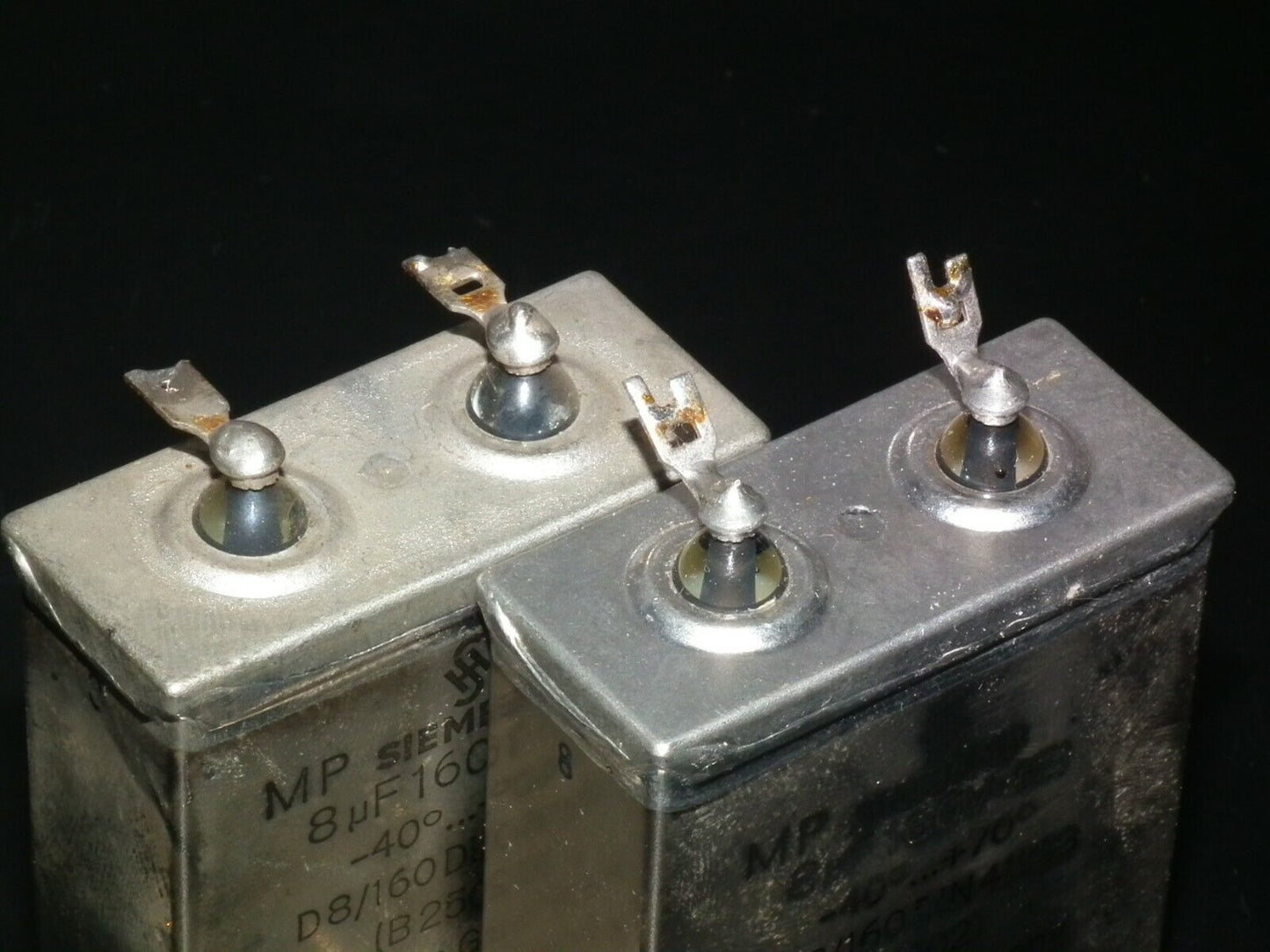 Two vintage Siemens PIO capacitors 8 uF 160V Klangfilm tube audio Glass End Seal