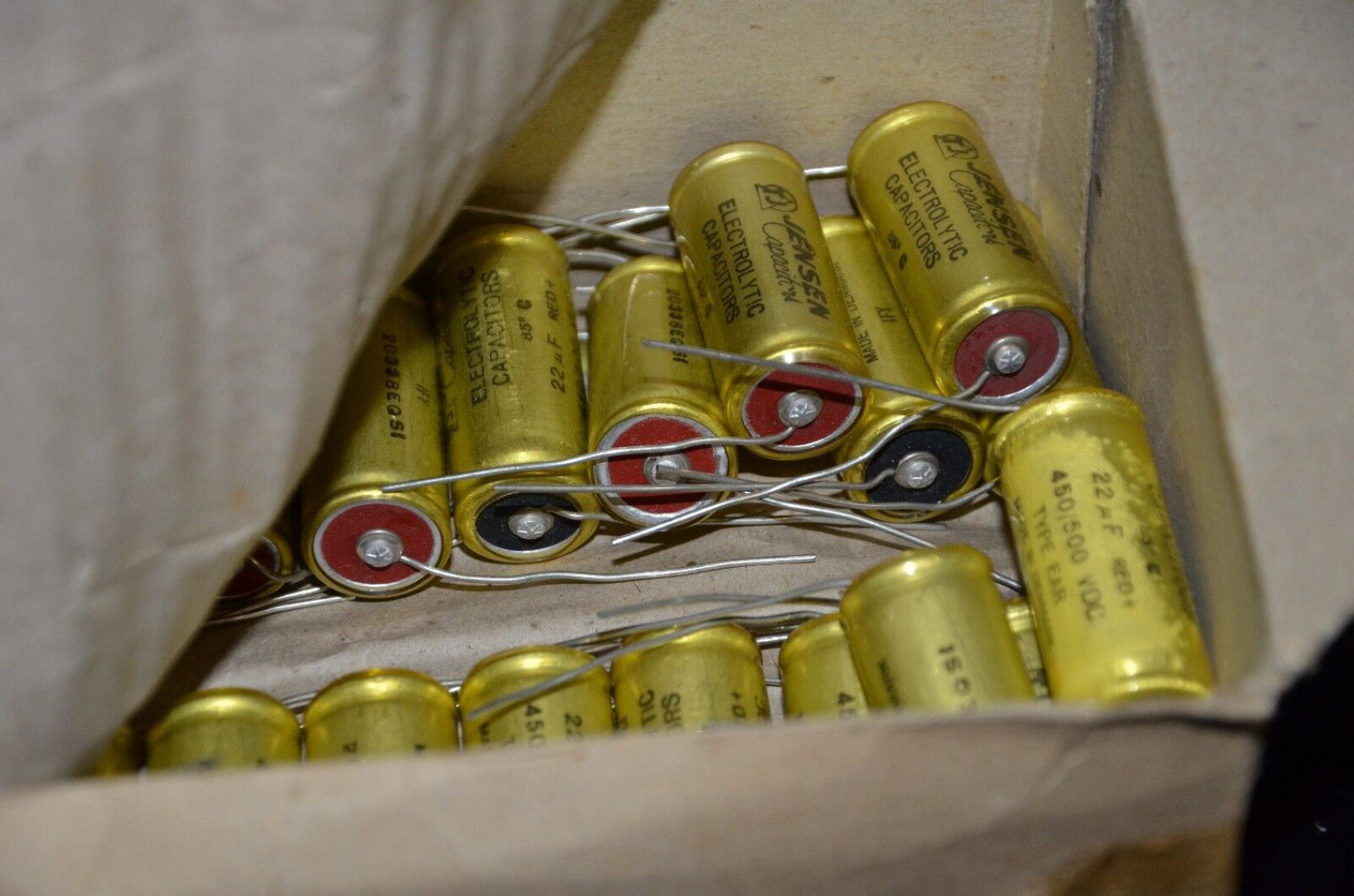 One vintage NOS Jensen electrolytic capacitors 22uF 450/500V Made in Denmark 70s