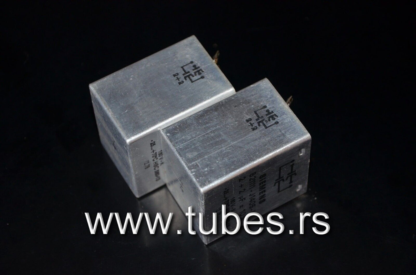 Two vintage Siemens PIO capacitors 2x2 uF 160V Klangfilm Made in West Germany