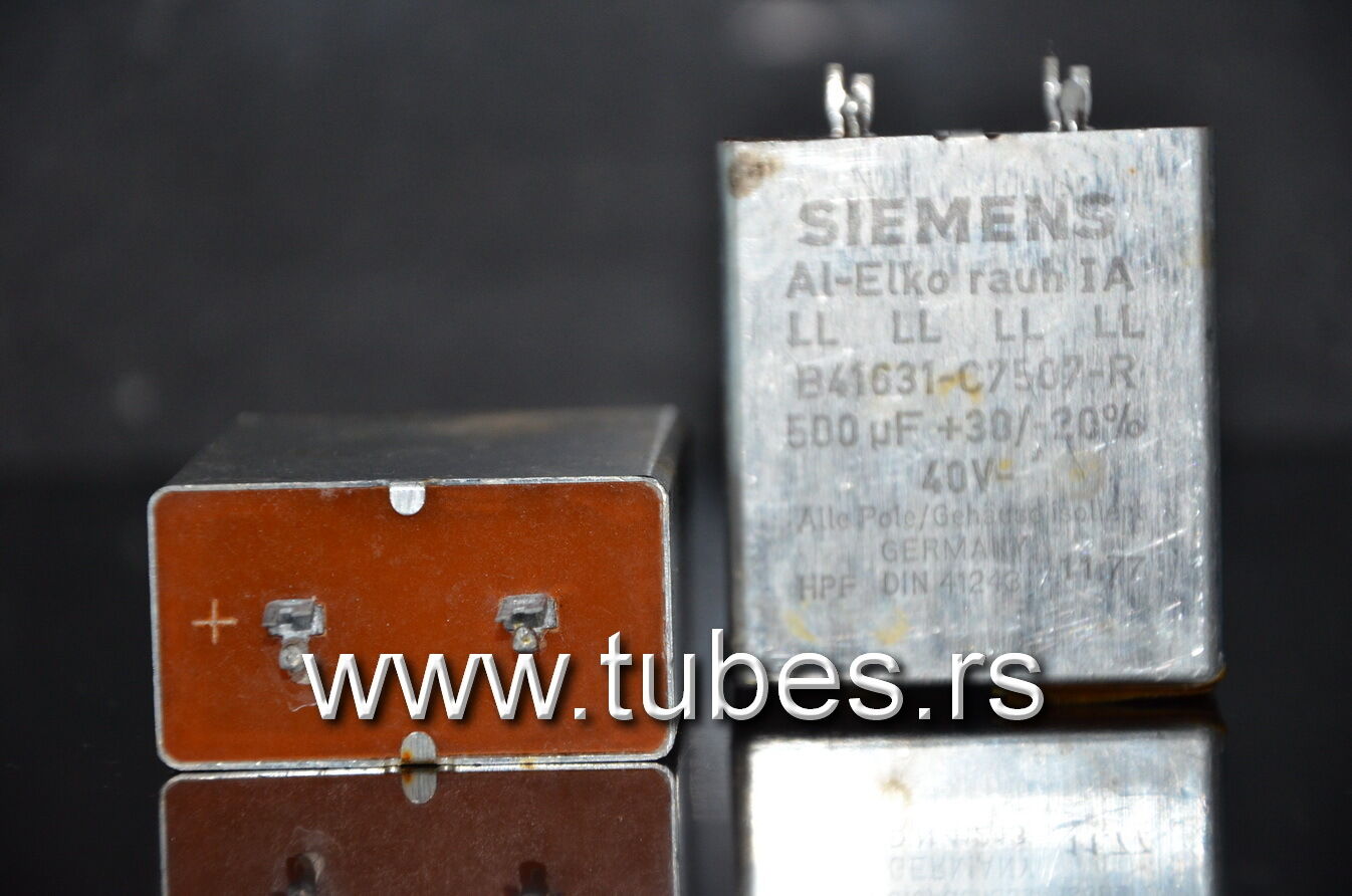 Two vintage Siemens electrolytic capacitors 500uF/35V Klangfilm Al-Elko rauh IA