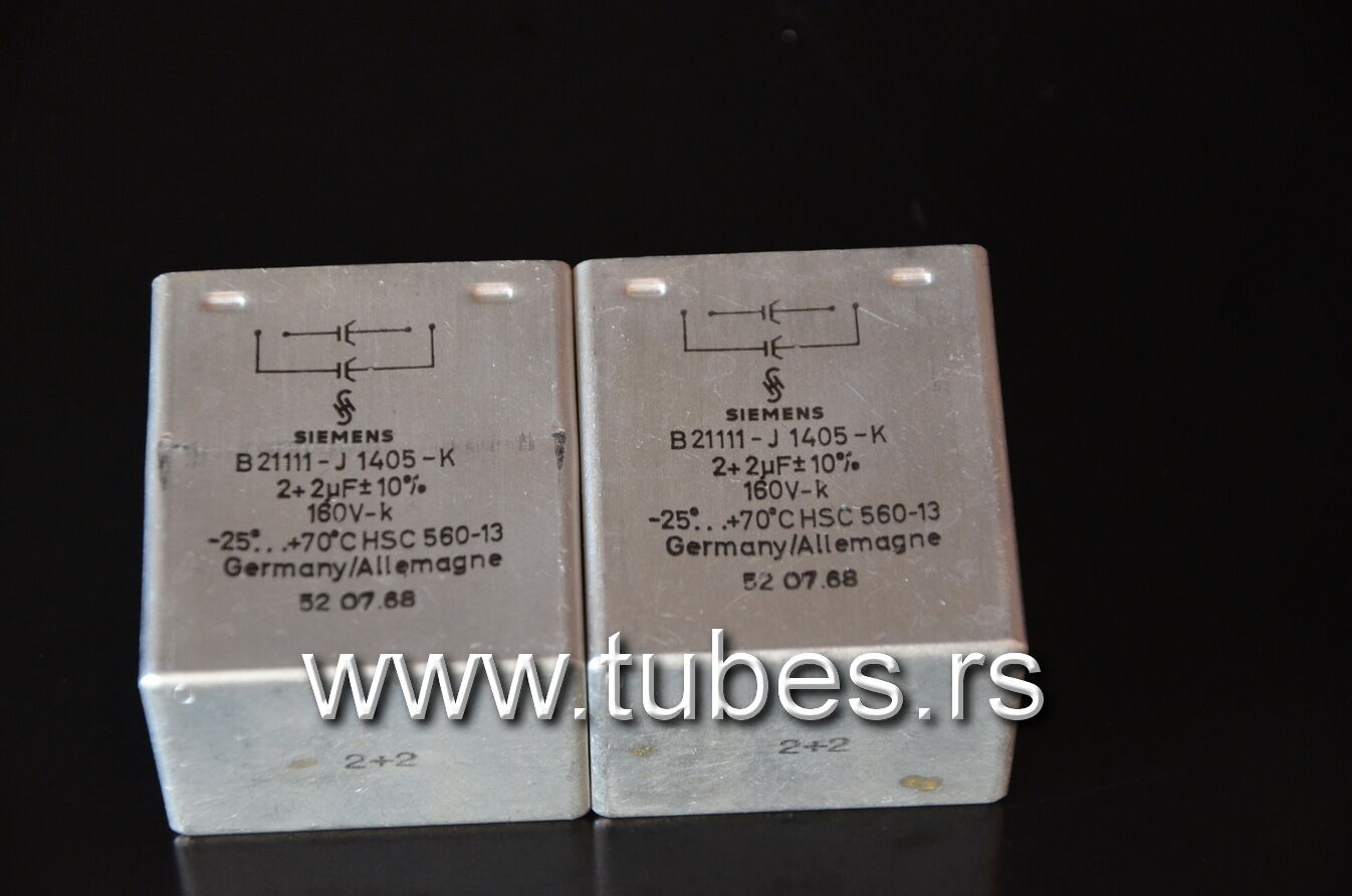 Two vintage Siemens PIO capacitors 2 + 2 uF 160V Klangfilm late 60s West Germany