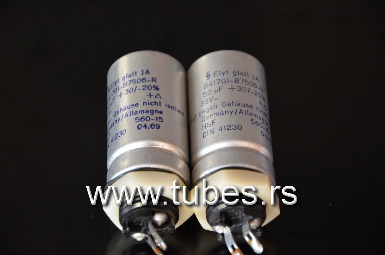Two vintage Siemens electrolytic capacitors 50uF / 35V Klangfilm West Germany