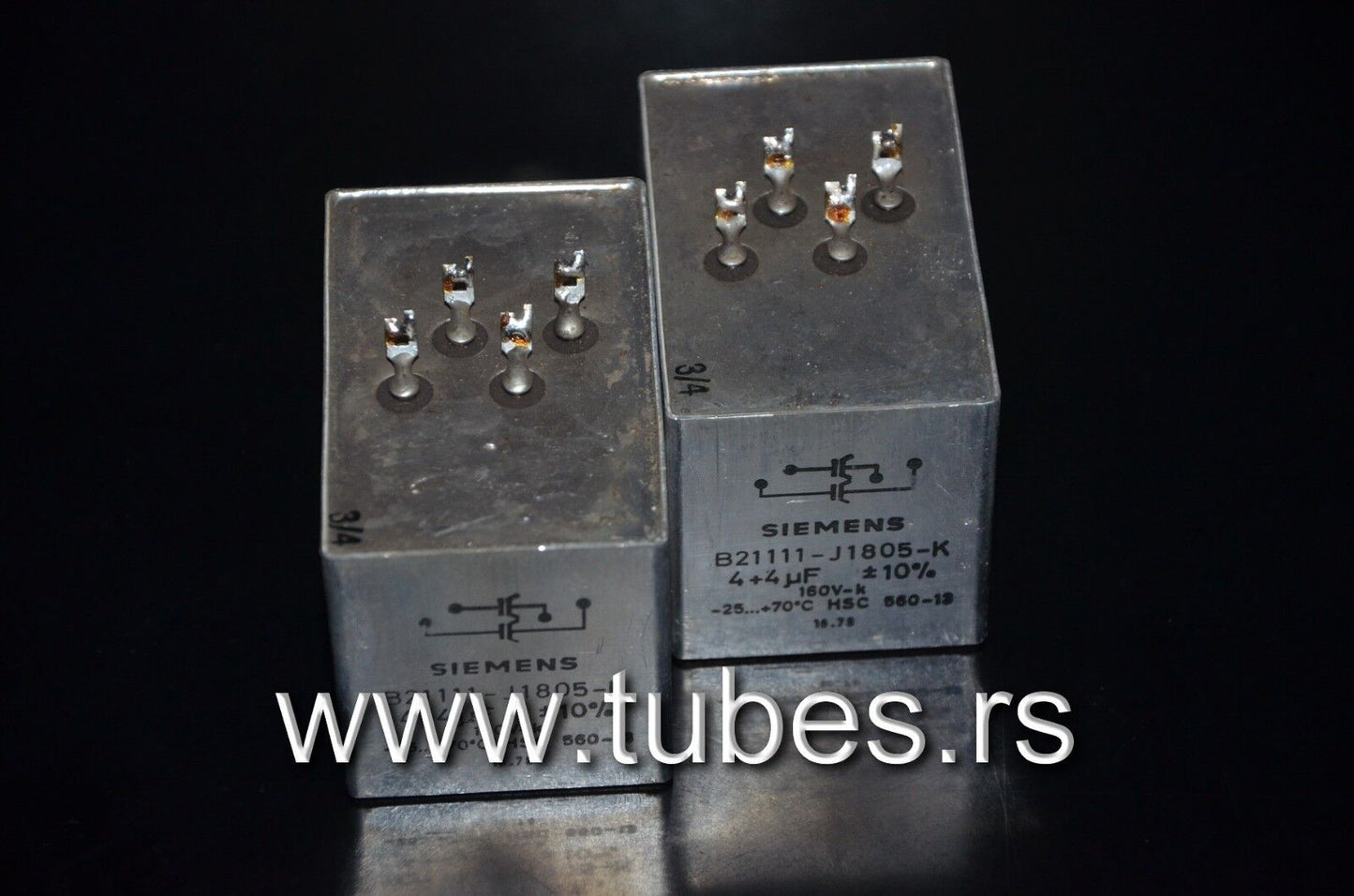 Two vintage Siemens PIO capacitors 4+4 uF 160V Klangfilm Made in W. Germany 1978