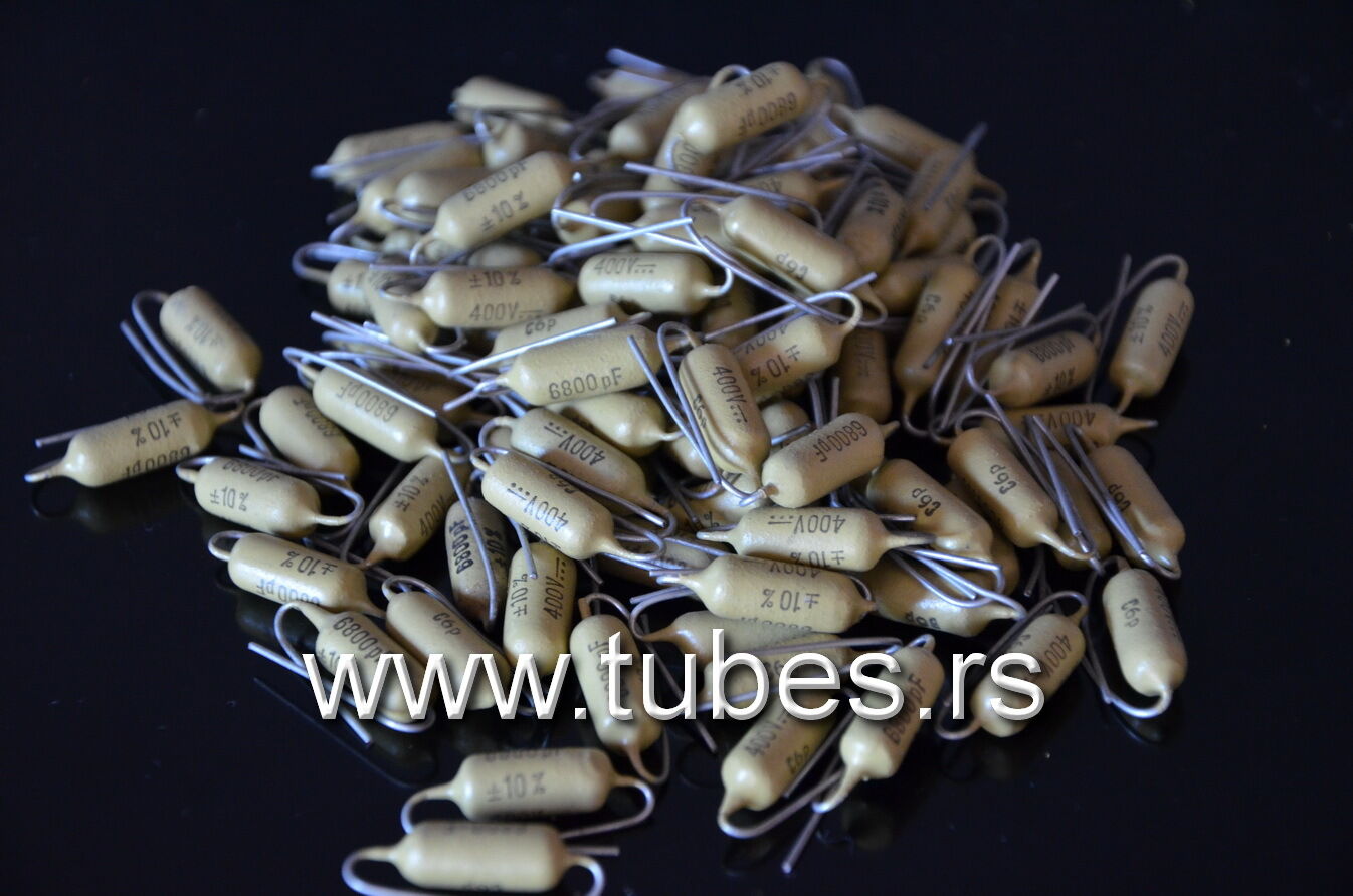 Two vintage Mullard Mustard Philips Capacitors 6800pF / 400V Marshall,Fender, ..