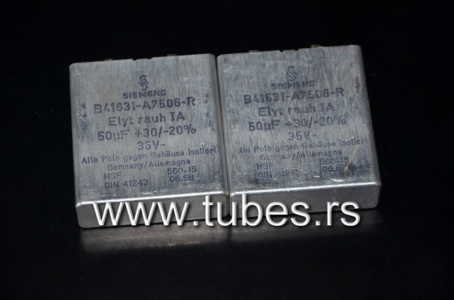 Two vintage Siemens electrolytic capacitors 50uF / 35V Klangfilm, West Germany