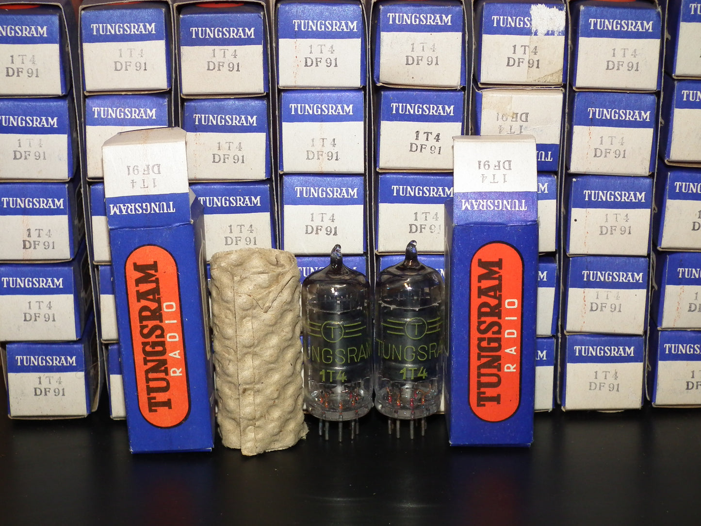 1T4 DF91 Tungsram NOS Platinum matched pair RARE Old Type THICK GETTER 1956