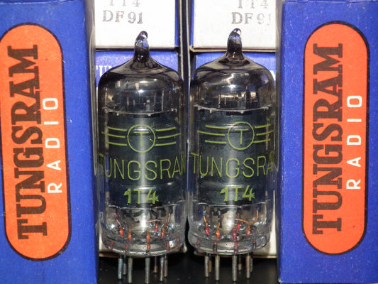 1T4 DF91 Tungsram NOS Platinum matched pair RARE Old Type THICK GETTER 1956