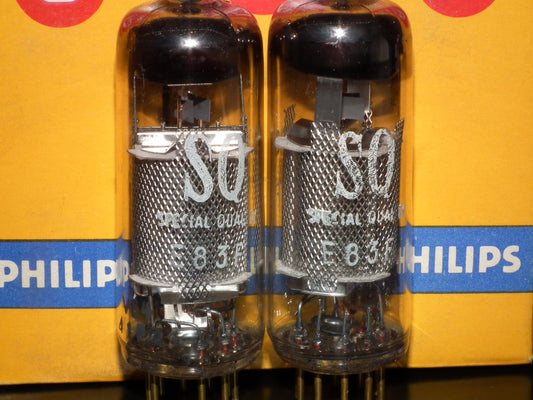 E83F Philips Matched Pair NOS NIB Heerlen 1961 Big round getter LOW Noise