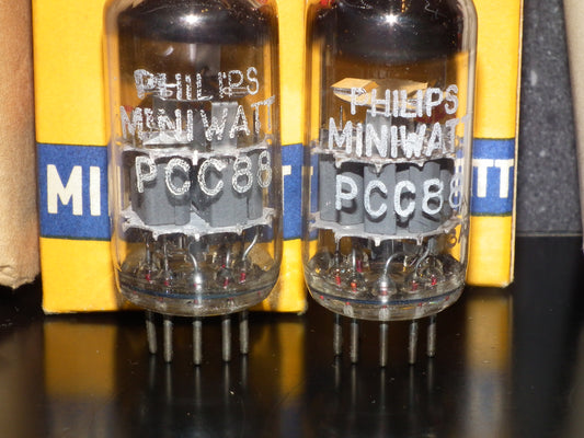 PCC88 Philips 7DJ8 Platinum Matched Pair Dual Stage Getter Gray Shield 1963