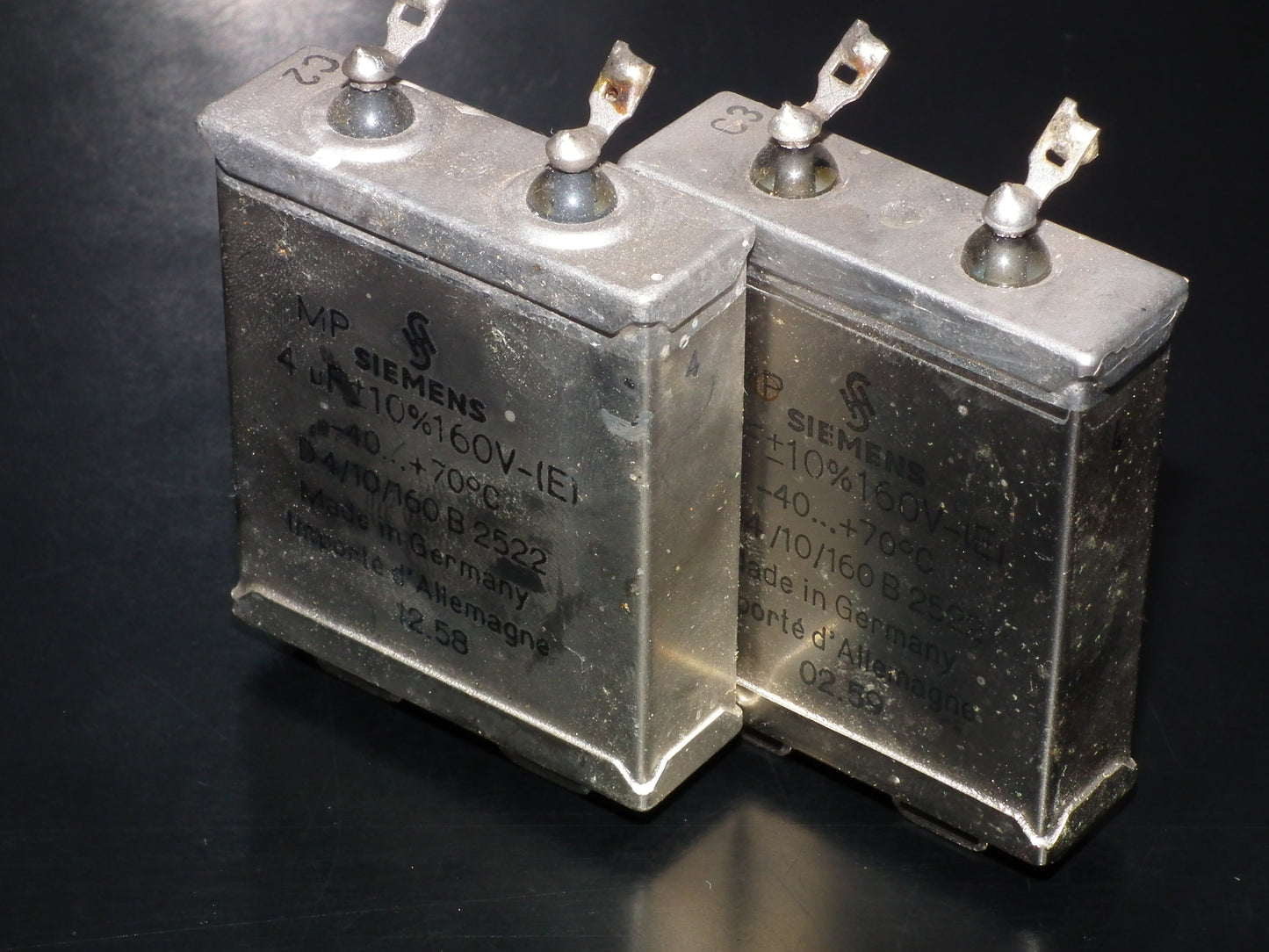 Siemens Klangfilm PIO capacitors 4uF 160V glass end seal two pcs 50s