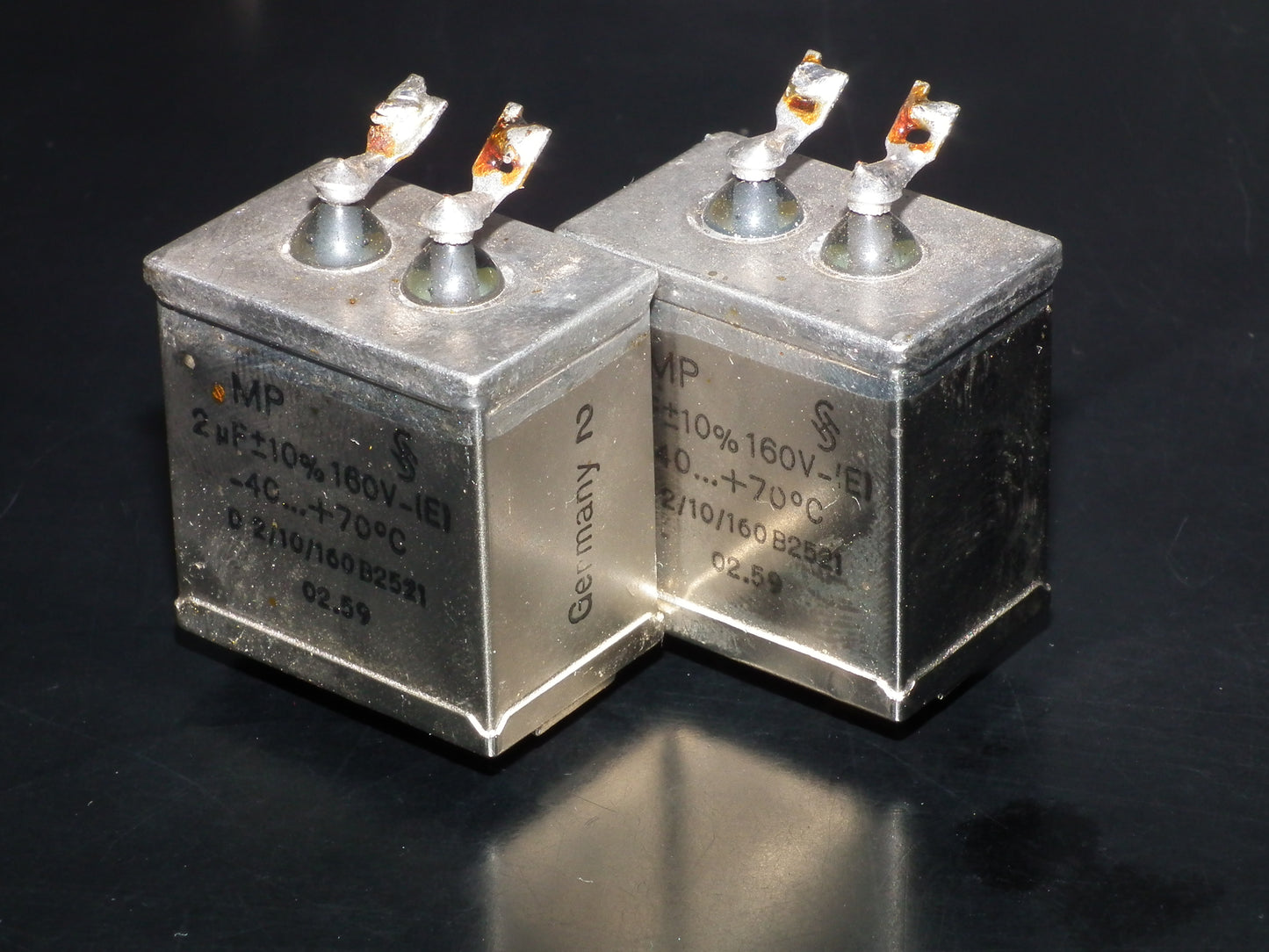 Two vintage Siemens PIO capacitors 2 uF / 160V Klangfilm tube audio 2mfd