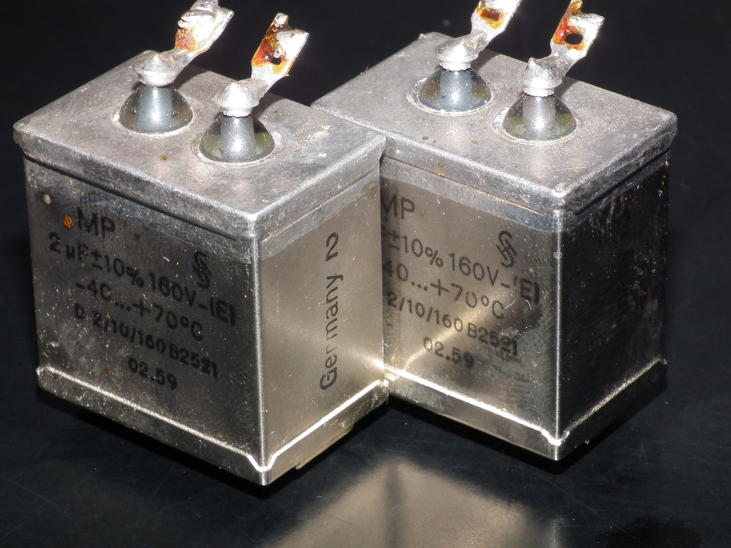 Two vintage Siemens PIO capacitors 2 uF / 160V Klangfilm tube audio 2mfd