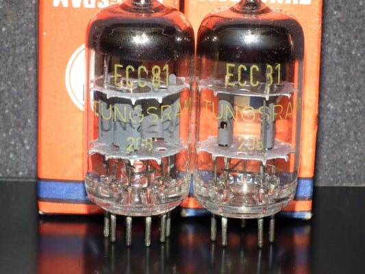 Platinum matched pair ECC81 Tungsram 12AT7 NOS NIB RARE Foil Disc Getter mid 50s