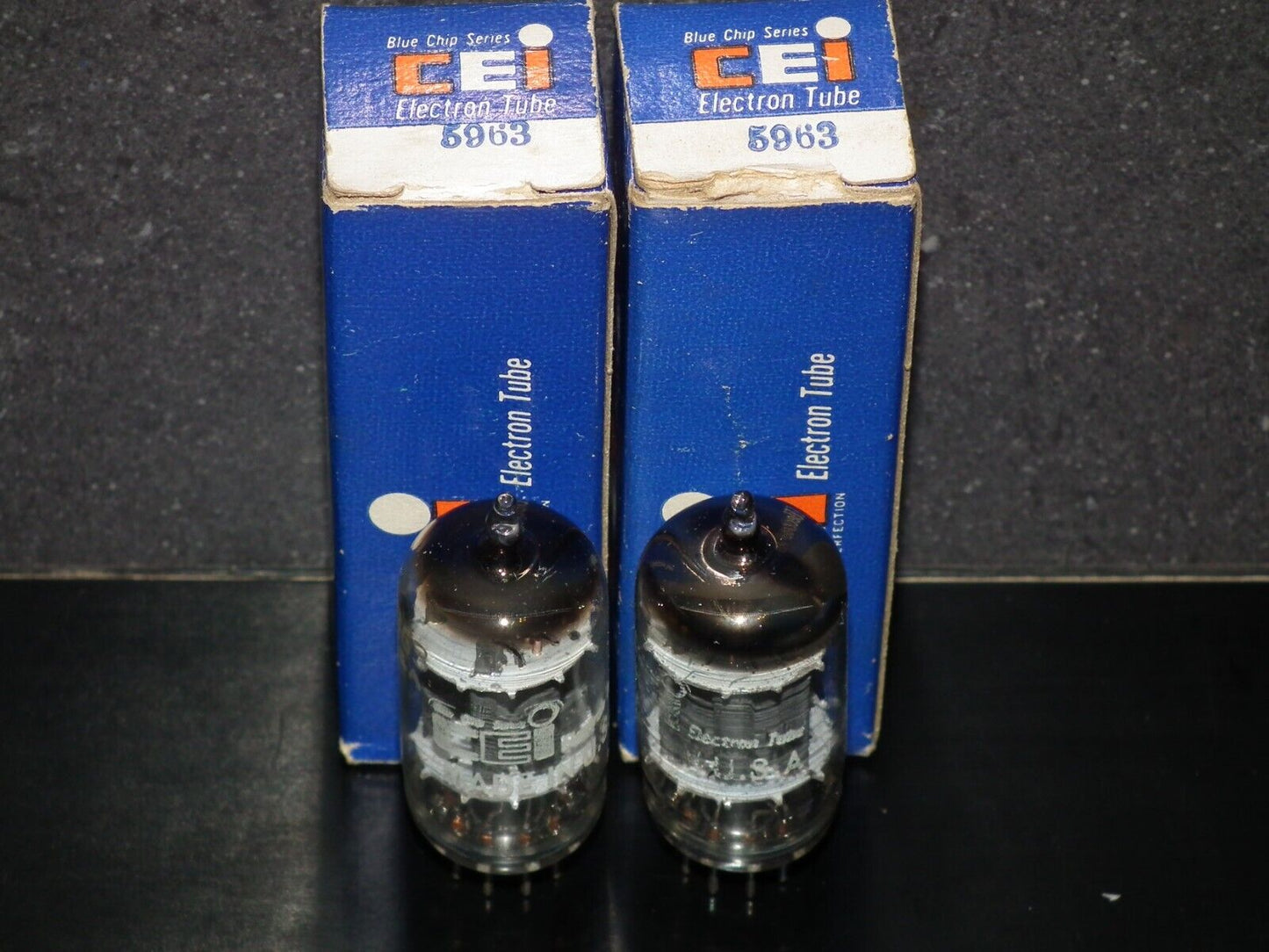 5963 CEI Made in USA 12AU7 ECC82 NOS Matched pair Long Box Plates O Getter