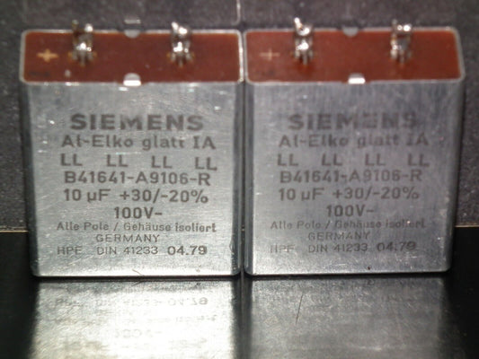Two vintage Siemens electrolytic capacitors 10uF/100V Klangfilm West Germany 70s