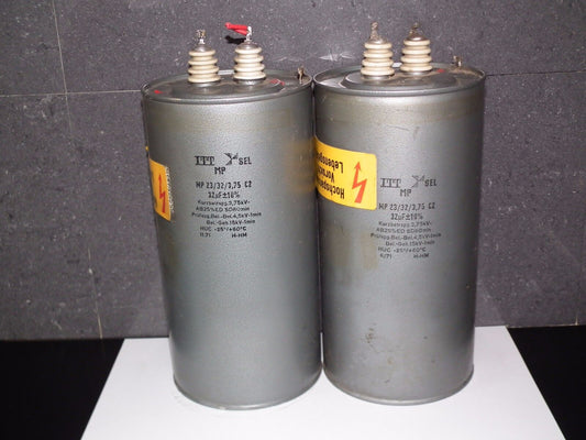 Two vintage ITT PIO capacitors 32 uF / 3.75KV 32mfd / 3.75KV W. Germany 1971