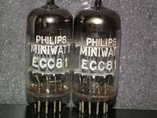 ECC81 12AT7 Philips Holland Flat Foil Crossbar D Getter (Used, matched pair)