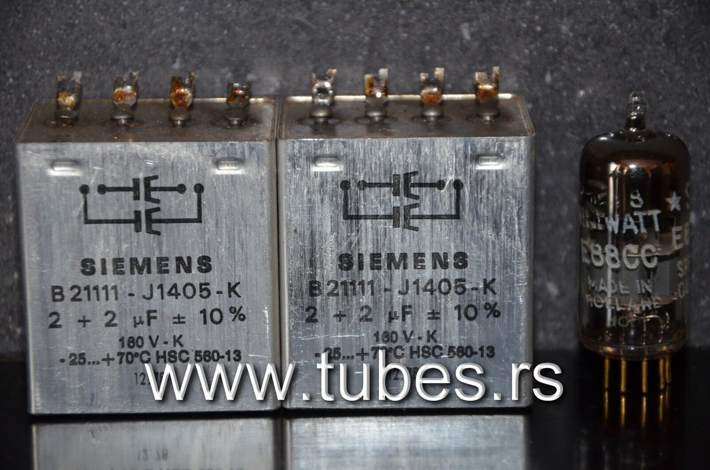 Two vintage Siemens PIO capacitors 2x2 uF 160V Klangfilm Made in West Germany