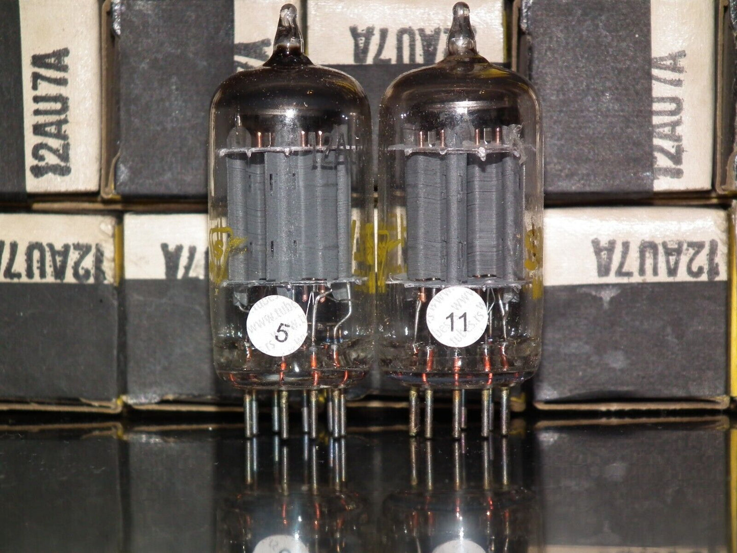 12AU7A Sylvania ECC82 NOS NIB platinum matched pair Long Plates Big O Getter Yel