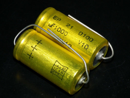 Two vintage ICAR Italy electrolytic capacitors 1000uF / 10V 60s 1000mfd