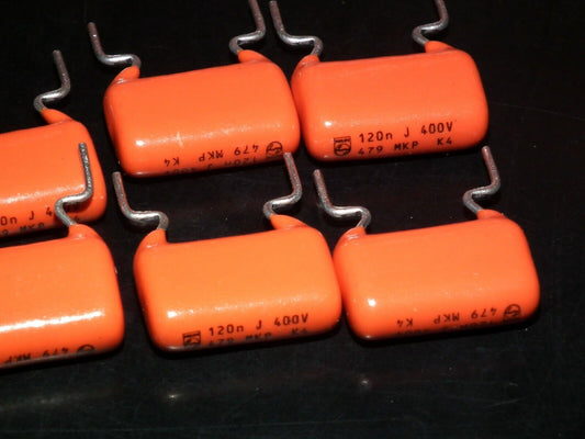 Four (4psc) vintage NOS MKP capacitors 120nF 400V Philips Polypropylene Film 479