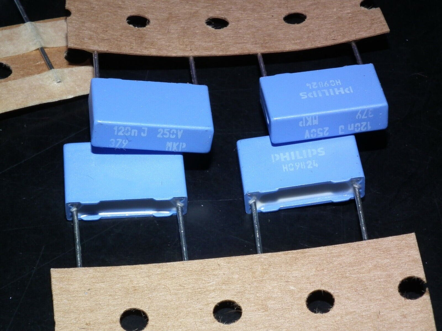 Four (4psc) vintage NOS MKP capacitors 120nF 250V Philips Polypropylene Film 379