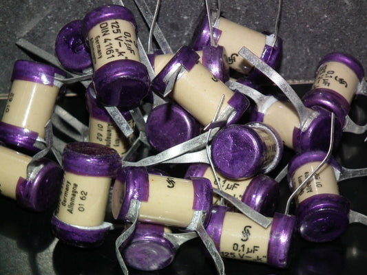 Two vintage Sikatrop Capacitors 0.1mfd 125V Siemens Klangfilm Hi End 100nF 125V