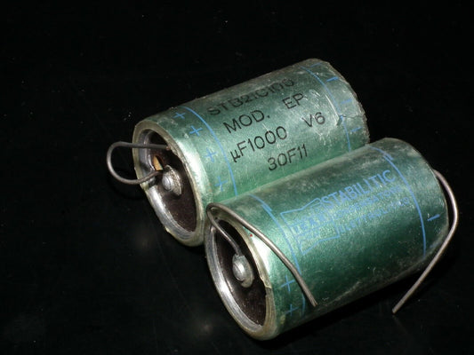 Two vintage NOS capacitors 1000uF 6V ICAR Stabilitic Condensatore Elettrolitico