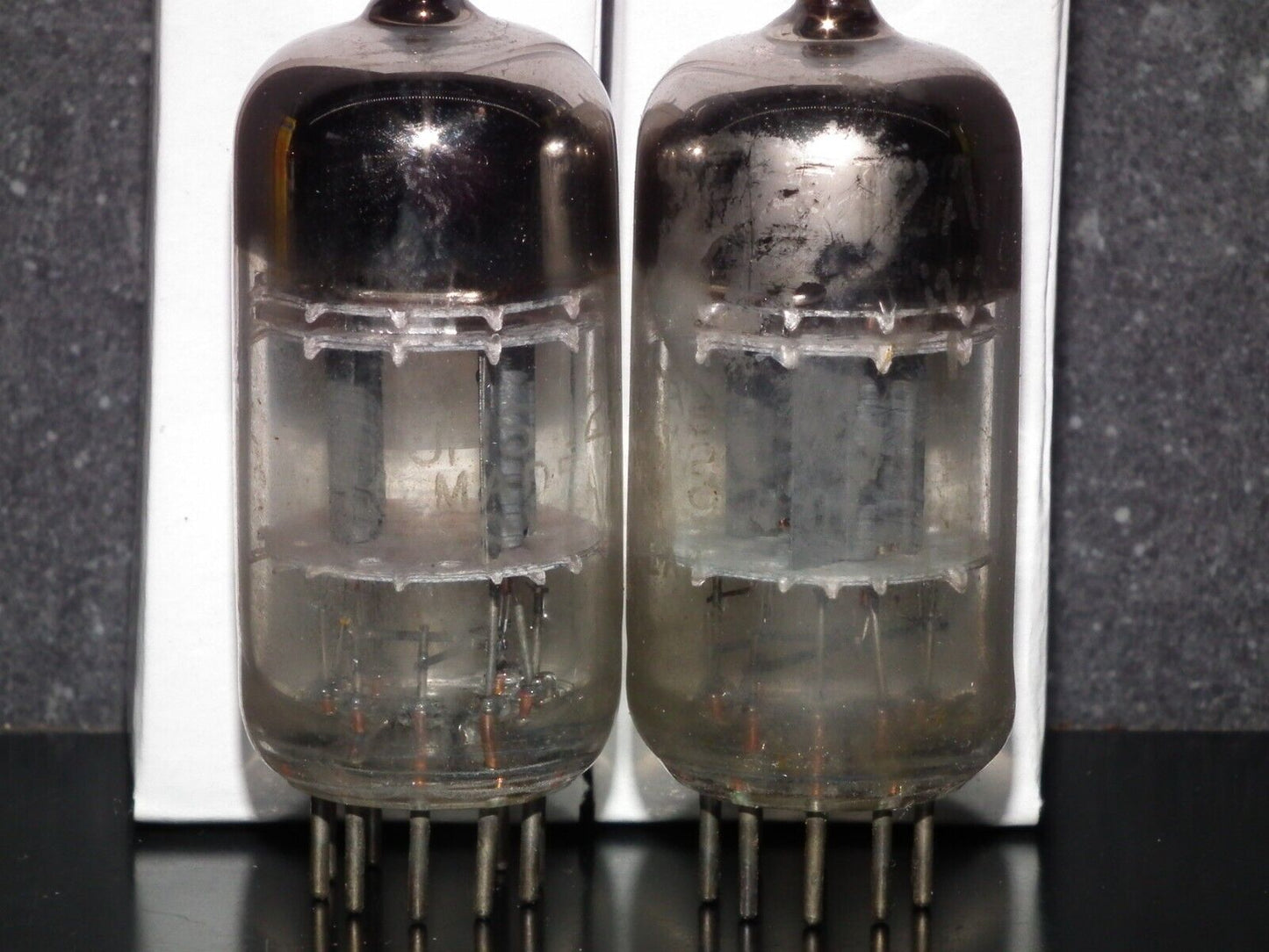 Matched pair 12AT7WA Sylvania ECC81, used, tested NOS. Rare triple mica, square.