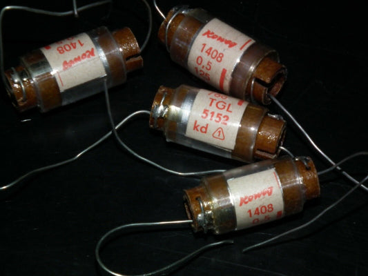 Four vintage polystyrene styroflex capacitors 1408pF 0.5% 125V Koweg West German