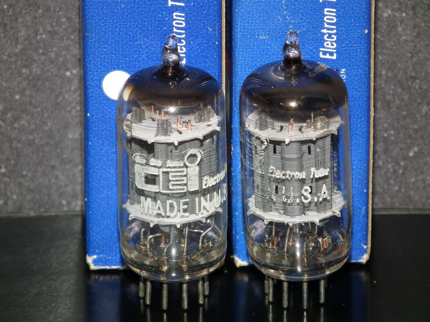 5963 CEI Made in USA 12AU7 ECC82 NOS Matched pair Long Box Plates O Getter