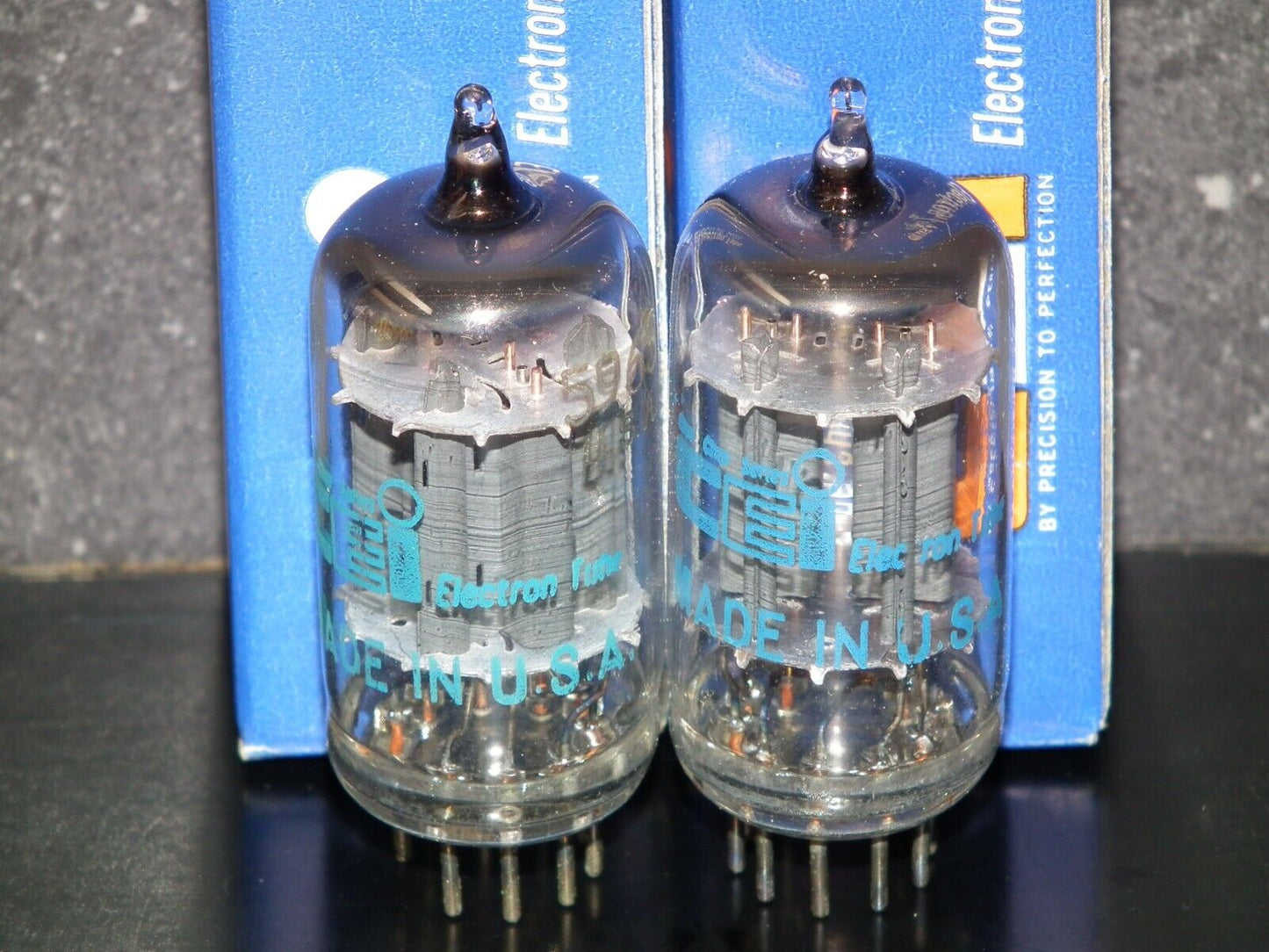 5963 CEI Made in USA 12AU7 ECC82 NOS Matched pair Long Box Plates Big O Getter