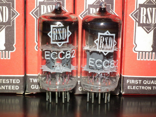 ECC82 12AU7 RFT rebranded RSD, NOS NIB Platinum Matched Pair, the same codes 70s
