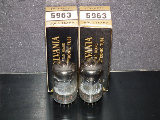 5963 Sylvania Gold 12AU7 ECC82 NOS Matched pair Long Box Plates Square Getter