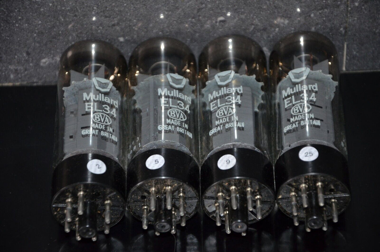 EL34 6CA7 Mullard Xf3 NOS Platinum Matched Quad Made in Blackburn, 1974
