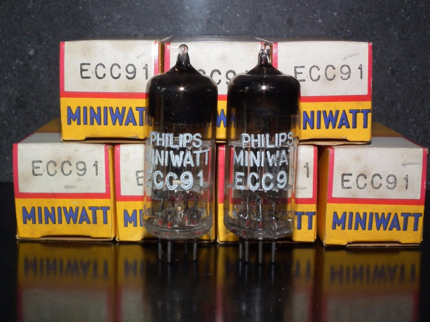 ECC91 6J6 Mullard rebranded Philips NOS NIB Platinum matched pair, G. Britain 63