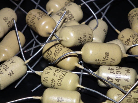 Two vintage Mullard Mustard Capacitors 0.047mfd / 400V (47nF) Marshall,Fender