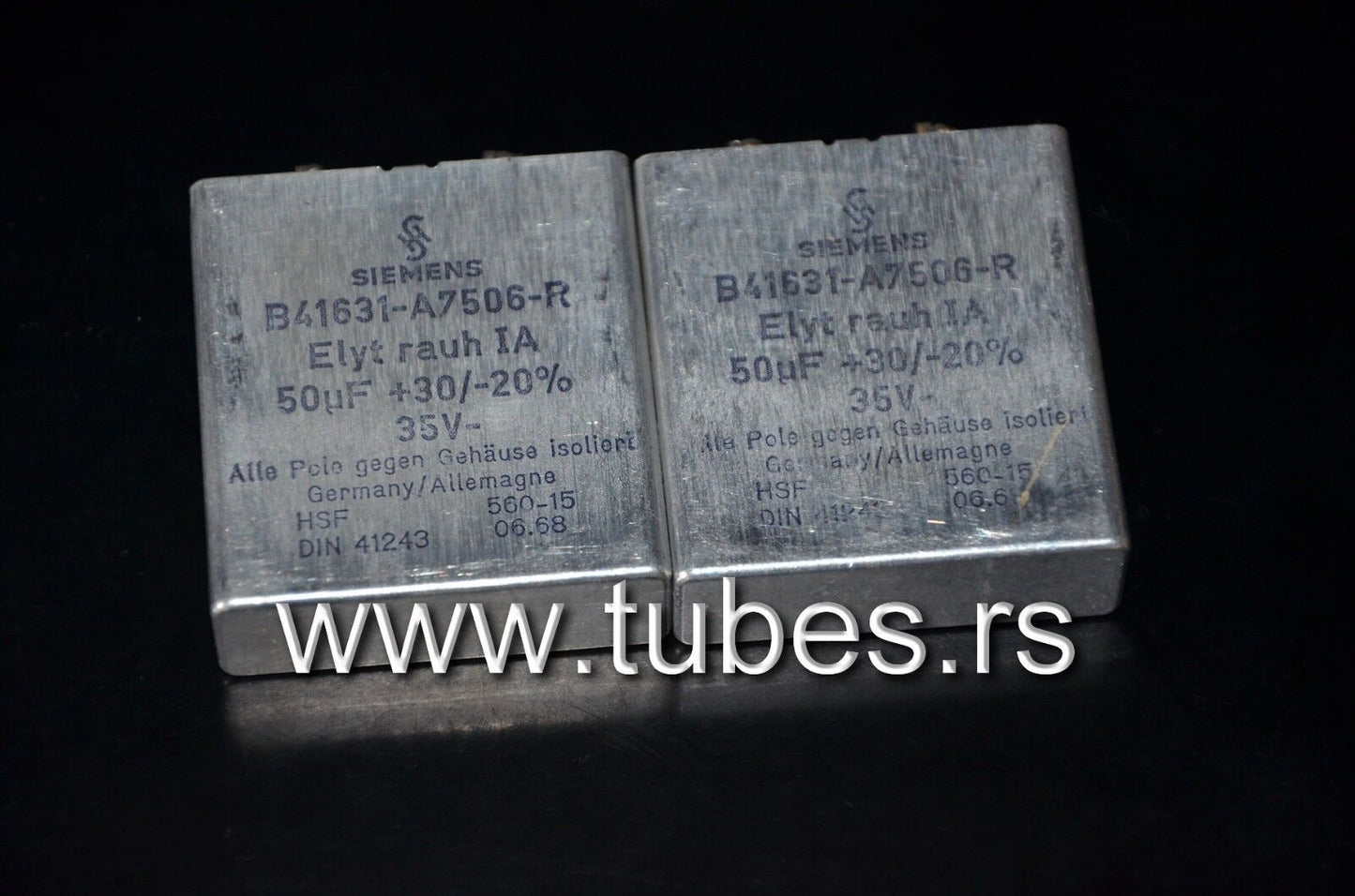 Two vintage Siemens electrolytic capacitors 50uF / 35V Klangfilm, West Germany