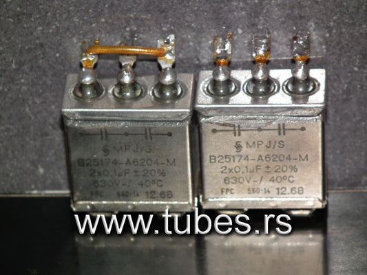 Two vintage Siemens PIO capacitors 2 x 0.1 uF / 630V Klangfilm tube audio