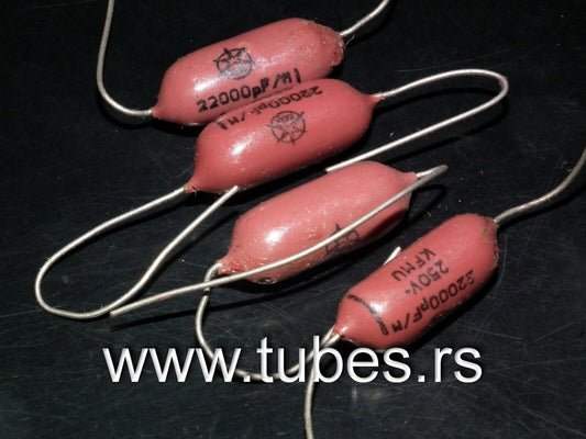 Four vintage NOS capacitors 22nF / 0.022uF 250V ISKRA KFMU metalized polyester