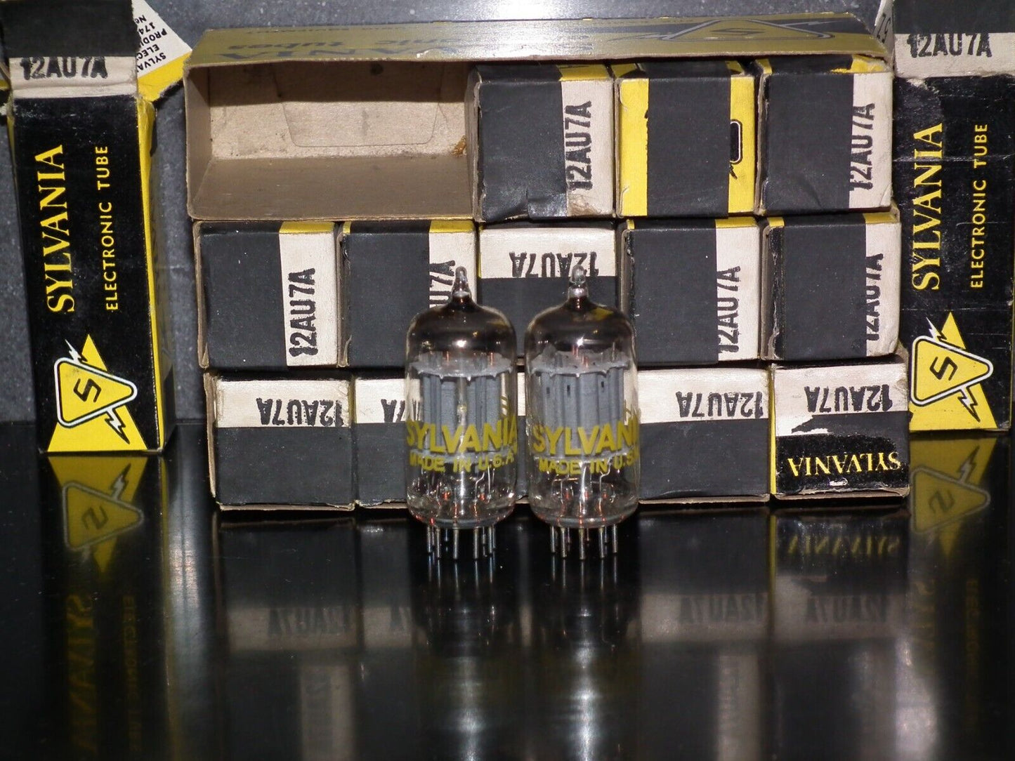 12AU7A Sylvania ECC82 NOS NIB platinum matched pair Long Plates Big O Getter Yel